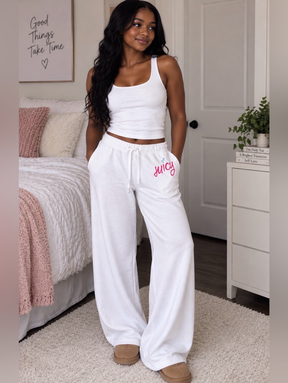 Juicy Couture Original White Velour Sweatpants with Pink Logo